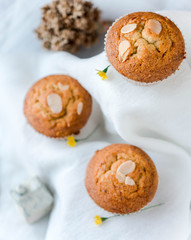 Homemade banana cupcake on wood tray white background, sweet secne for party
