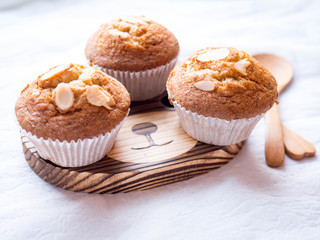 Homemade banana cupcake on wood tray white background, sweet secne for party