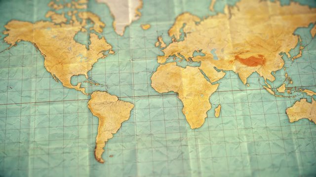 vintage sepia colored world map - zoom in to South America - blank version.