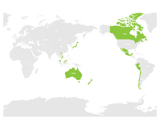 Map of Comprehensive and Progressive Agreement for Trans-Pacific Partnership, CPTPP or TPP11. Green highlighted member states. Vector illustration.
