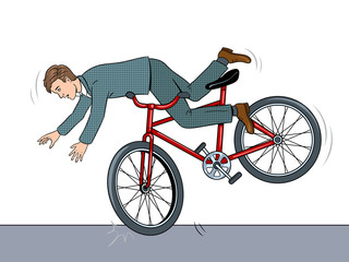 Man falling of bicycle pop art vector illustration