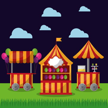 carnival booths food   and ice cream funfair festival vector illustration