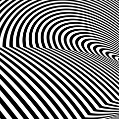 Abstract black and white striped background. Geometric pattern with visual distortion effect. Illusion of rotation. Op art.