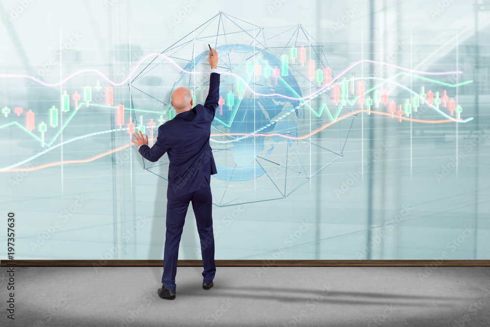 Poster businessman in front of a wall with a 3d render stock exchange trading data information display on a