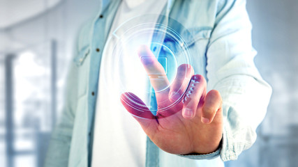 Businessman holding a Shinny technologic computer button - 3d render