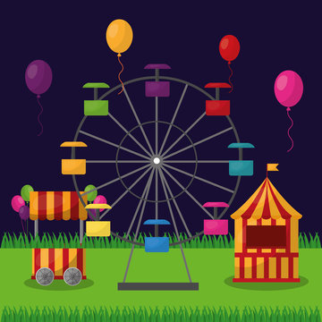 carnival fair festival ferris wheel booths and balloons vector illustration