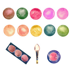 Colorful eye shadows boxes and multi color palettes with brush, isolated on white hand painted watercolor illustration