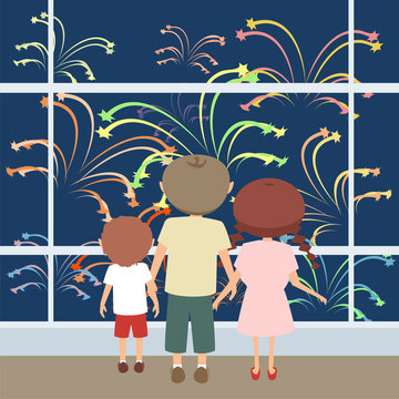 Kids Watching Fireworks Vector Cartoon