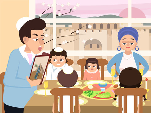 reading the haggadah, jewish  family at feast of passover vector