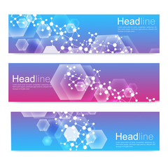 Scientific set of modern vector banners. DNA molecule structure with connected lines and dots. Science vector background. Medical, tecnology, chemistry design.