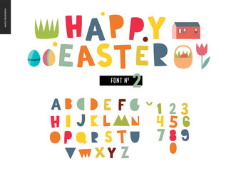Kids flat alphabet set - Happy easter latin font - letters and digits