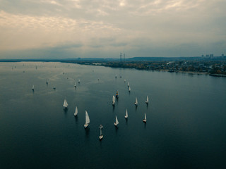 Aerial drone landscape with yachts