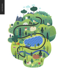 Magical summer landcape - green island with hills, roads, cars, houses and trees, with mountains and clouds above and flowers on foreground.