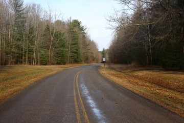 The bend in the country road on a sunny day.