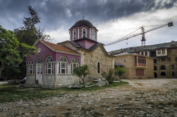 Inside the Great Lavra Orthodox monastery at Mount Athos, Agion Oros (Holy Mountain), Chalkidiki,...