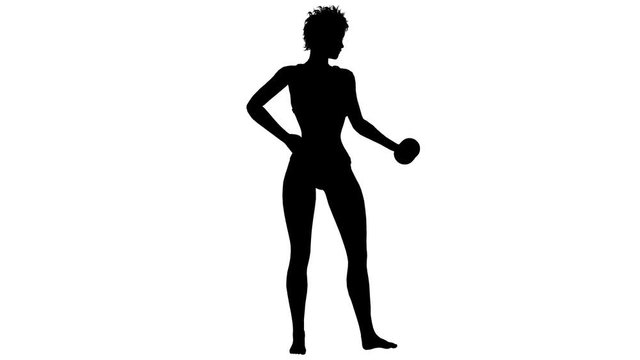 Black silhouette of a girl with dumbbell. Alpha channel. Alpha matte. Full HD.