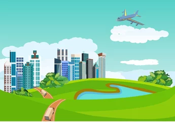 Deurstickers Koraalgroen Platteland landschap concept. Stadsgebouwen in groene heuvels, blauw meer, weglint, vliegtuig in de lucht, vectorillustratie.