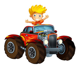 happy cartoon scene with child - boy - in hot rod cabriolet - illustration for children © honeyflavour