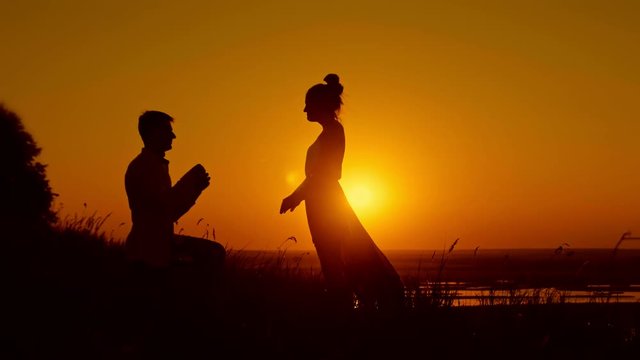 Portrait of a girl and man - boy getting down on his Knee and Proposing to Woman on summer meadow - Couple Gets Engaged at Sunset - Man Putting Ring on Girl's Finger
