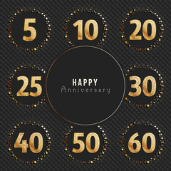 Anniversary logo's collection. 5th, 10th, 20th, 25th, 30th, 40th, 50th, 60th year celebration gold logotypes.