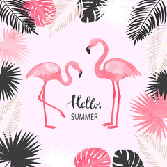 Summer tropical vector illustration with watercolor flamingo and palm leaves. - obrazy, fototapety, plakaty