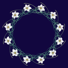 Fototapeta na wymiar Spring flowers. Daffodil flowers interlaced into an intricate circular ornament on a dark blue background. Art Nouveau style drawing. Mandala tattoo design. EPS10 vector illustration