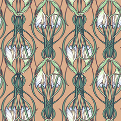 Spring flowers. Snowdrop flowers interlaced into an intricate ornament on a beige background. Art Nouveau style drawing. Seamless pattern with a vertical rhythm. EPS10 vector