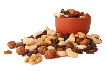 Delicious nut mix with raisins isolated on white background, including clipping path without shade.