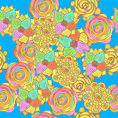 Fototapeta na wymiar Doodle sketch mandala flowers on the blue background. Cartoon colorful seamless pattern. Vector illustration