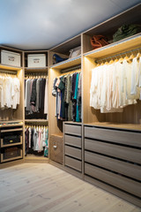 Luxury walk in closet / dressing room with lighting and jewel display. Dresses, handbags, blouses...