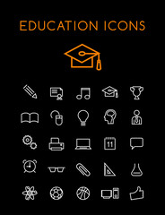 Set of Minimal Education Thin Line Icons on Black Background