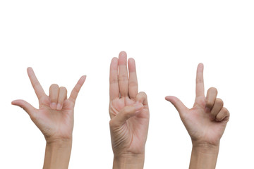 Set of hand gesture and sign collection isolated on white background. Multiple hand gestures.