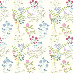 Seamless pattern of flowers, herbs and leaves