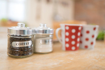 Selective focus of Coffee set placed on table. Concept of food on blur kitchen  background.Copyspace for text.