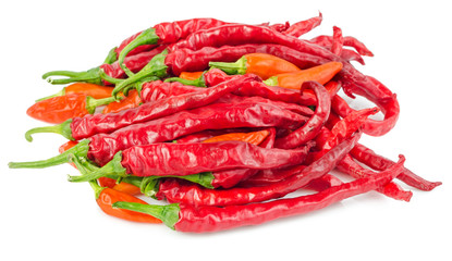 Pile of red hot chili peppers isolated