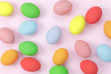 Table top view shot of arrangement decoration & sign Happy Easter holiday background concept.Flat lay beautiful of colorful bunny eggs on modern beautiful pink paper at office desk.Design pastel tone.