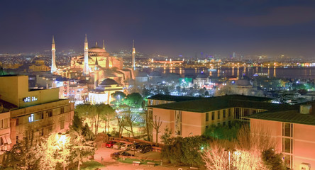 Evening illumination of the Hagia Sophia. Istanbul, Turkey.