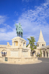 Fototapeta na wymiar Beautiful view of the Monument to St. Istvan on the Buda Hill near the Fishermen's Bastion in Budapest, Hungary