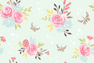 Seamless pattern with flowers and butterfly. Vector floral background - 197367844