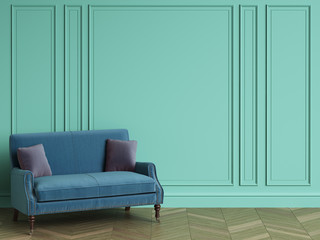 Blue sofa with violet pillows in classic interior with copy space.Turquoise color walls with mouldings. Floor parquet herringbone.Digital Illustration.3d rendering