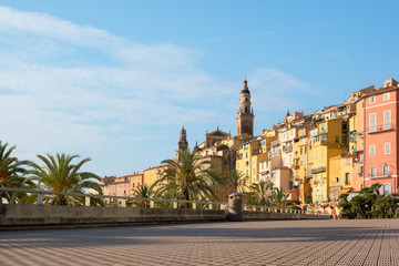Beautiful view of promenade and old medieval town Menton on french riviera in France. - obrazy, fototapety, plakaty