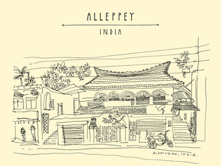 Old house in Alleppey (Alappuzha), Kerala, India. Historical building, Kerala style architecture. Artistic drawing. Travel sketch. Vintage touristic postcard