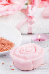 Fototapeta na wymiar SPA organic products with soap, bath salt