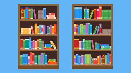 Two wooden bookcases on a blue background. Flat style. Different books on the shelves. Vector illustration