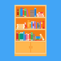 A large wooden bookcase on a blue background. Flat style. Different books on the shelves. Vector illustration