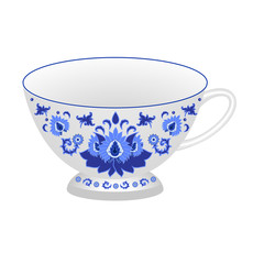 Decorative porcelain tea cup ornate in traditional Russian style Gzhel.