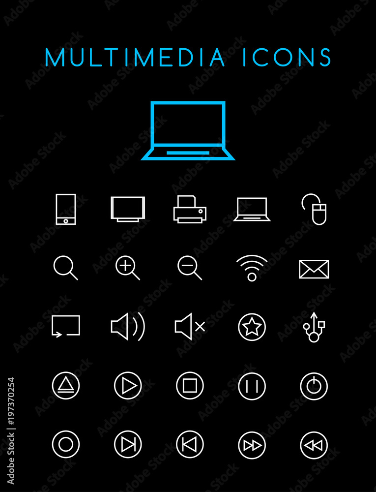 Poster set of minimal simple multimedia and interface thin line icons on black background