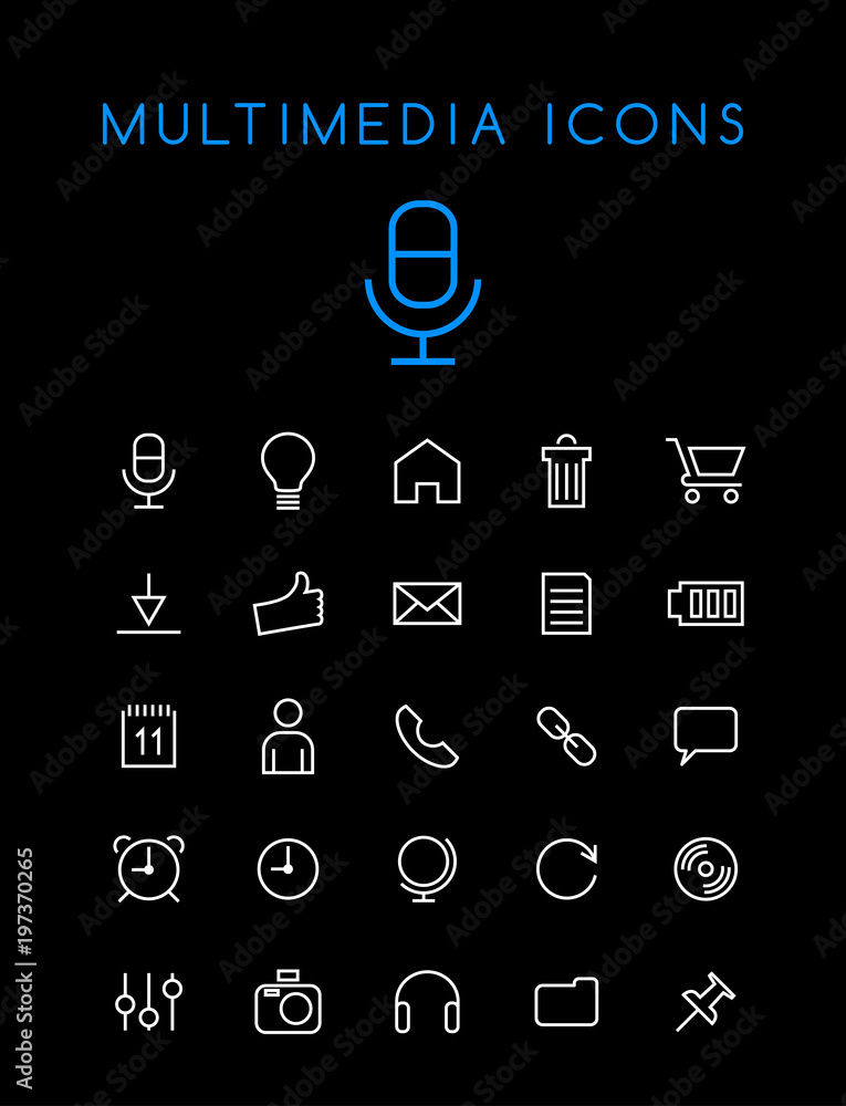 Poster set of minimal simple multimedia and interface thin line icons on black background