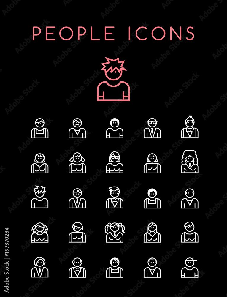 Poster Set of Quality Universal Standard Minimal Simple People WhiteThin Line Icons on Black Background