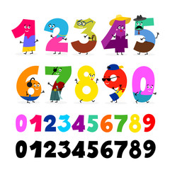 Obraz na płótnie Canvas Set of cartoon figures. Smiling children's school characters numbers. Vector illustration color figures. Funny cartoon numbers and mathematical operation signs. Isolated on white background